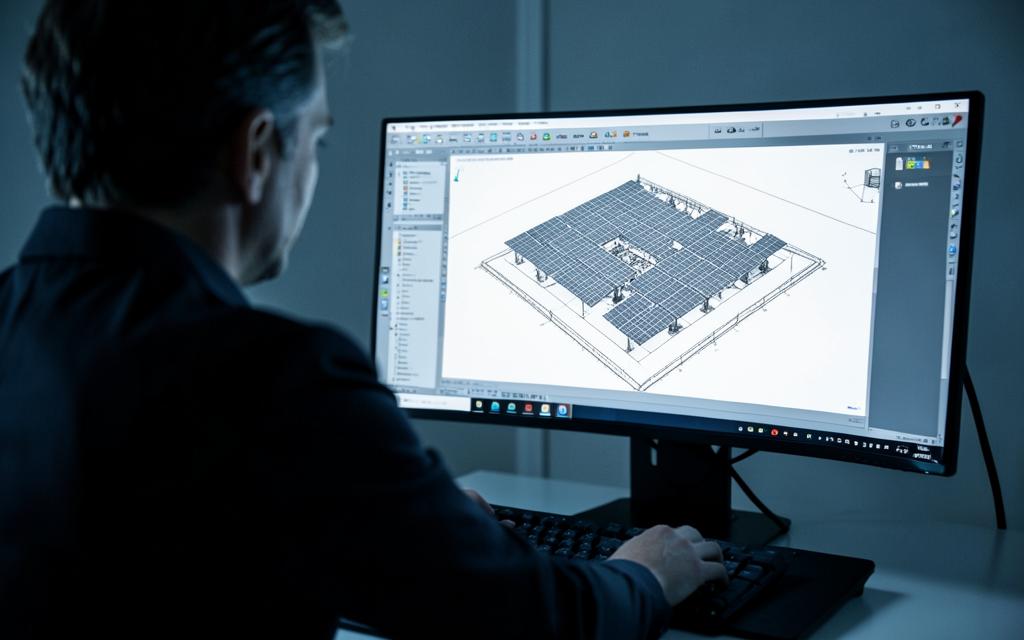Designer working on a solar plant layout inside CAD software