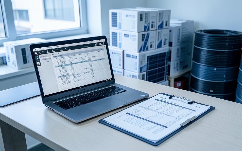 Site office desk with quantity schedules, module cartons and cable drums