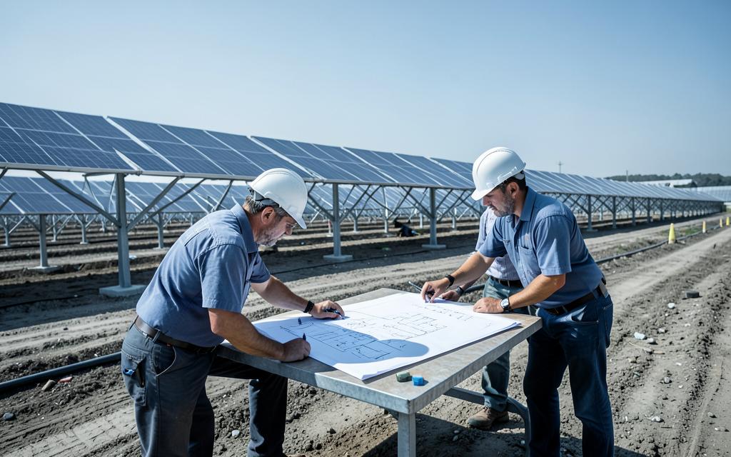 Engineers reviewing construction drawings at a solar plant site