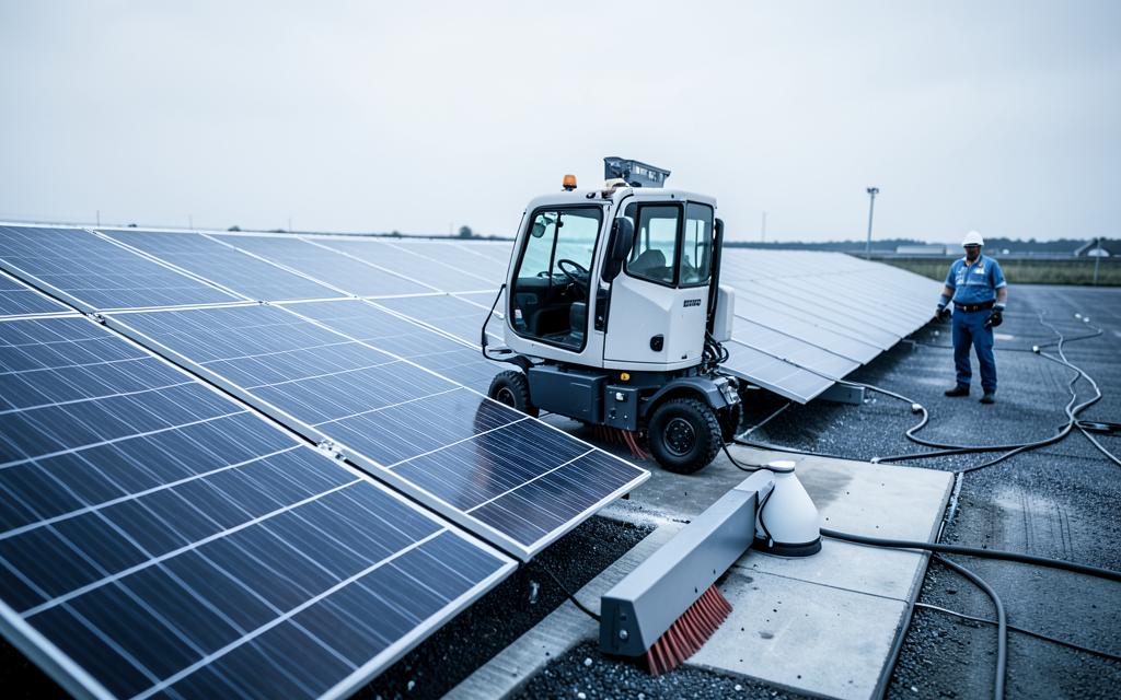 Cleaning robot servicing a row of solar panels