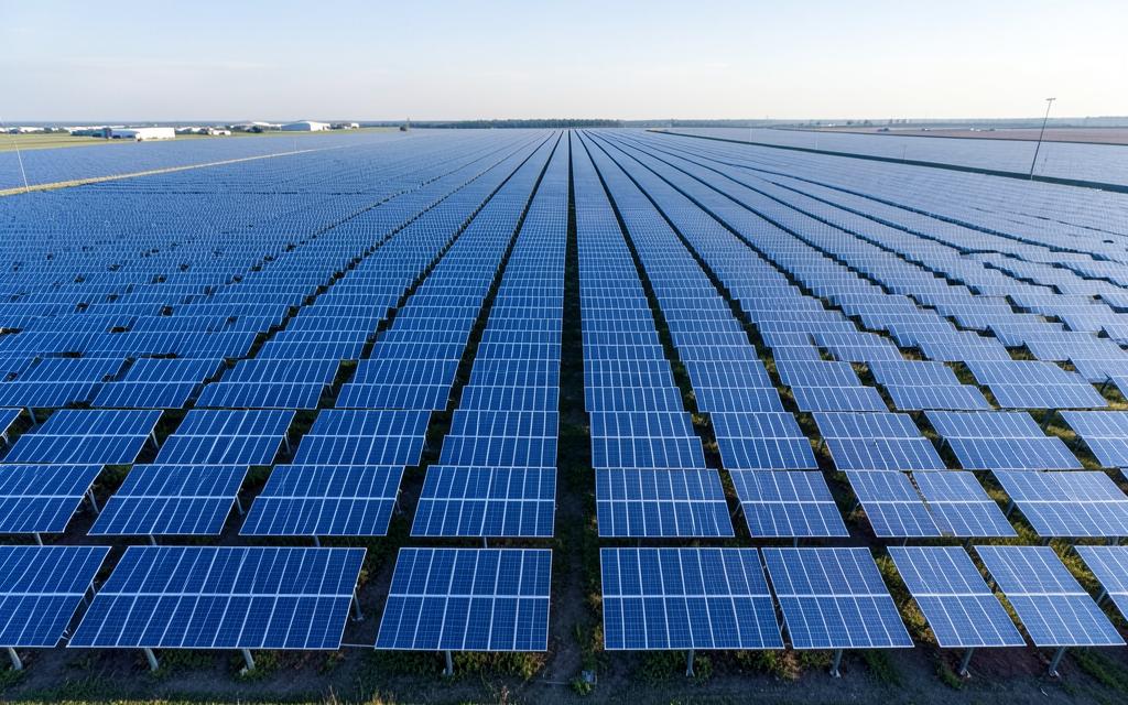 Aerial view of a gigawatt-scale solar farm in repeating rows