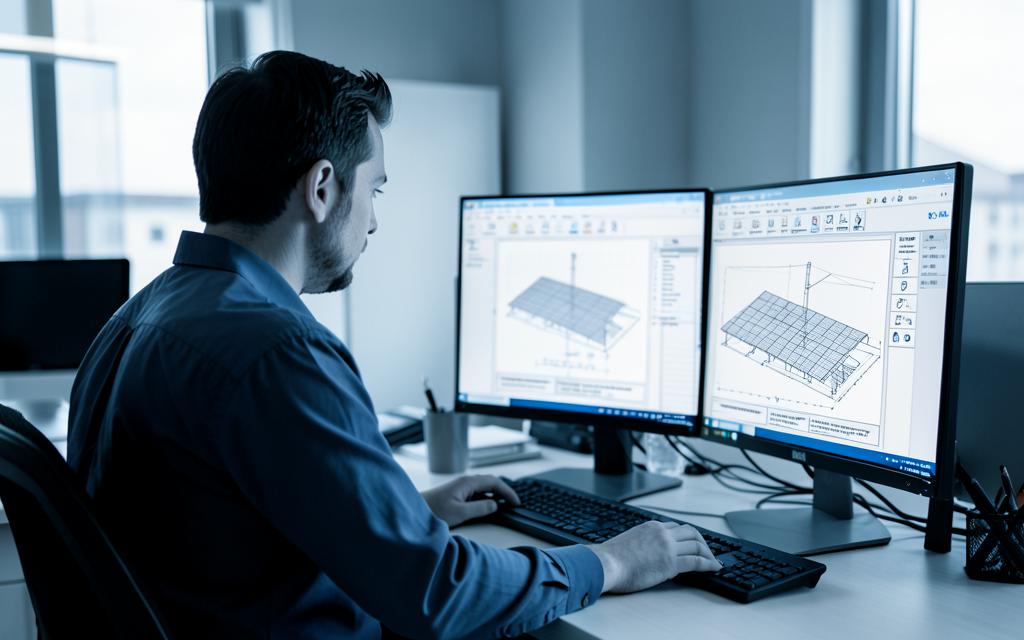 Engineer configuring drawing standards on dual monitors